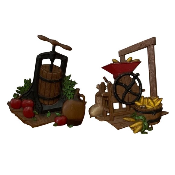 Vintage Homco Apple Cider Press Corn Mill 1978 Metal Wall Hanging Decor Set - Picture 1 of 11